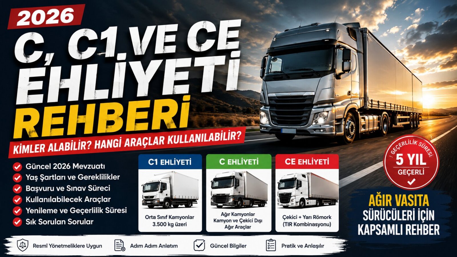 2026 C, C1 ve CE Ehliyeti Rehberi  Kimler Alabilir, Hangi Araçlar Kullanılabilir