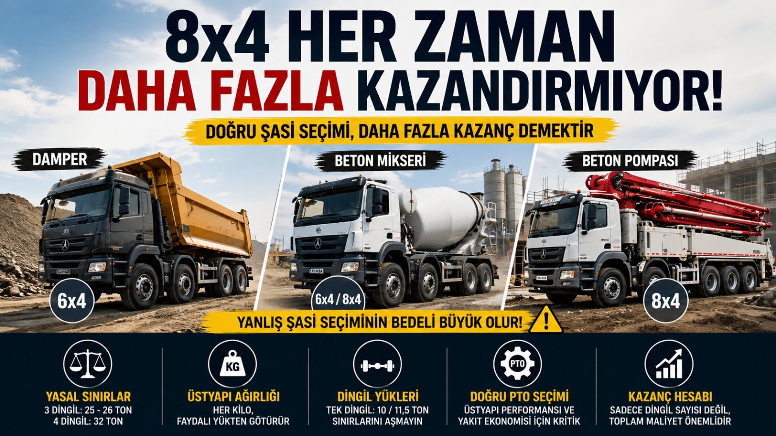 8x4 Her Zaman Daha Fazla Kazandırmıyor: Damper, Mikser ve Beton Pompasında Yanlış Şasi Seçiminin Bedeli