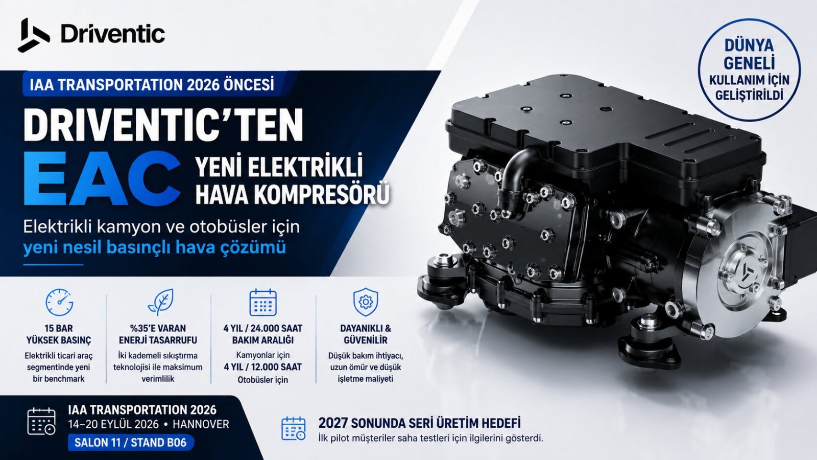 Driventic, Elektrikli Kamyon ve Otobüsler İçin Yeni EAC Elektrikli Hava Kompresörünü Tanıttı