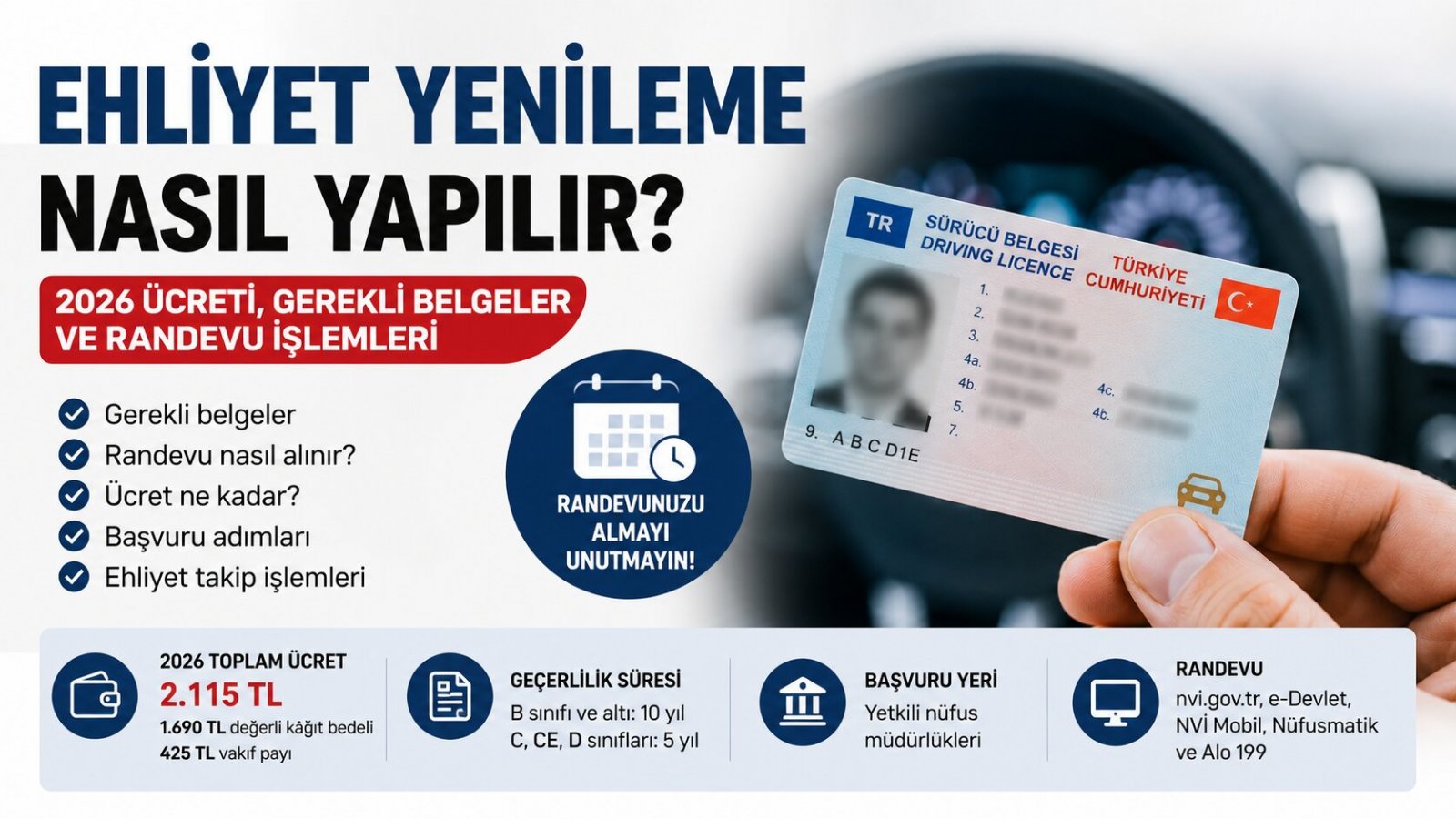 Ehliyet Yenileme Nasıl Yapılır? 2026 Ücreti, Gerekli Belgeler ve Randevu İşlemleri