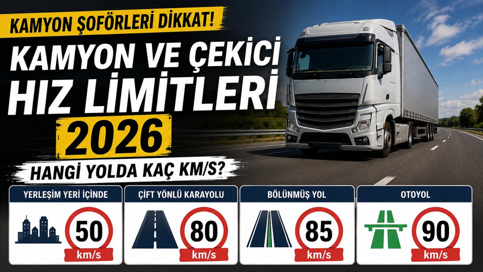 Kamyon ve Çekici Hız Limitleri 2026: Otoyolda, Bölünmüş Yolda Kaç km/s?