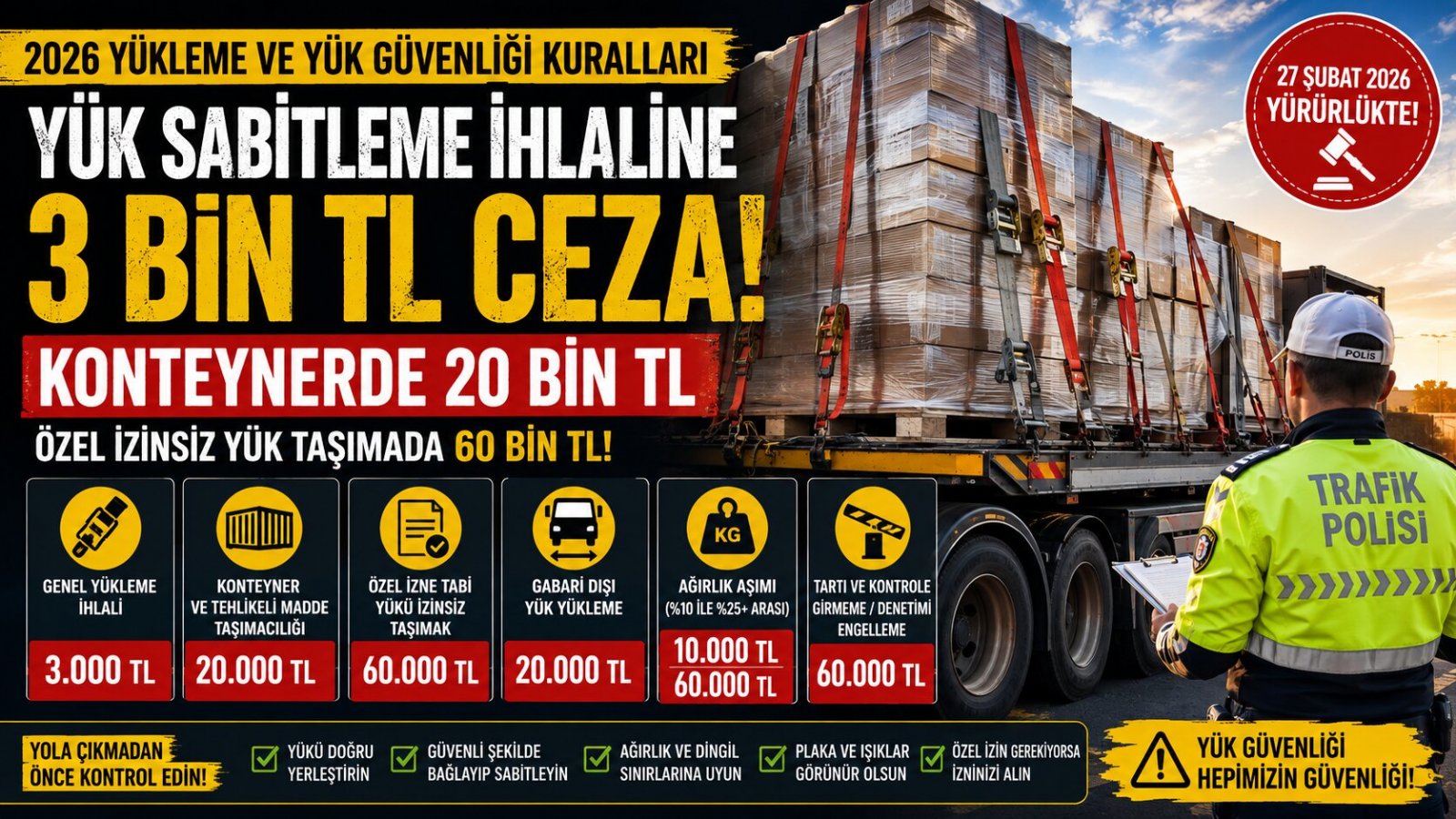 Kamyon ve TIR Sürücüleri Dikkat: Yük Sabitleme İhlaline 3 Bin TL, Konteynerde 20 Bin TL Ceza