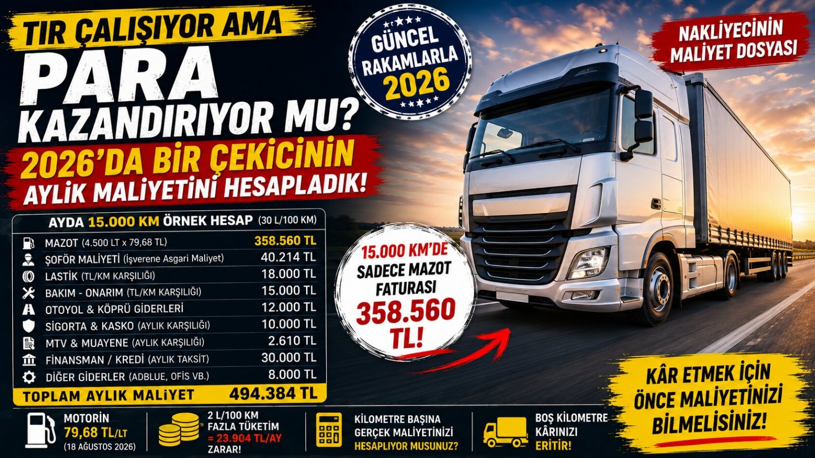 TIR Çalışıyor Ama Para Kazandırıyor mu? 2026'da Bir Çekicinin Aylık Maliyetini Hesapladık