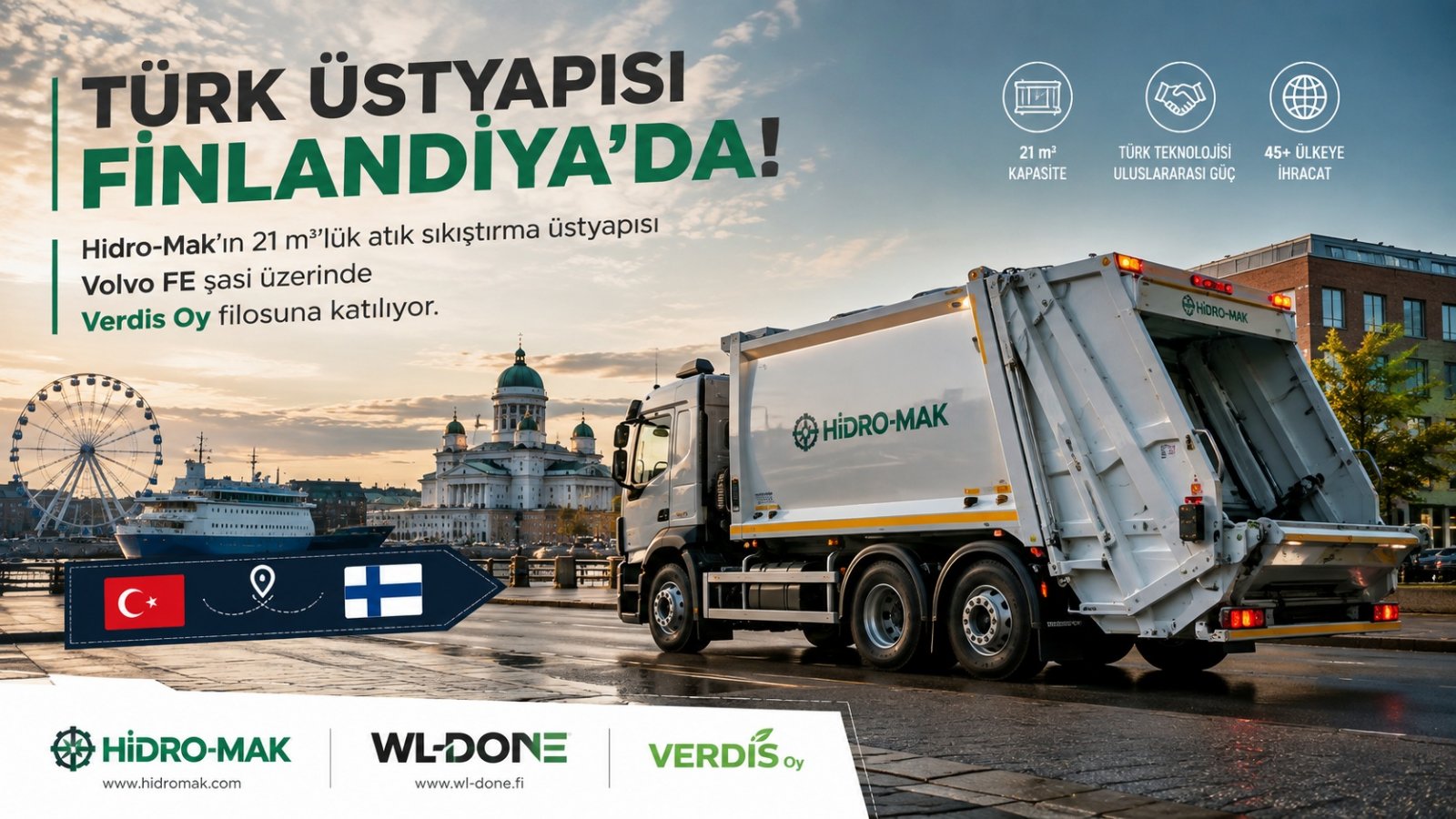 Türk Üstyapısı Finlandiya’da! Hidro-Mak’ın 21 m’lük Çözümü Volvo FE Üzerinde