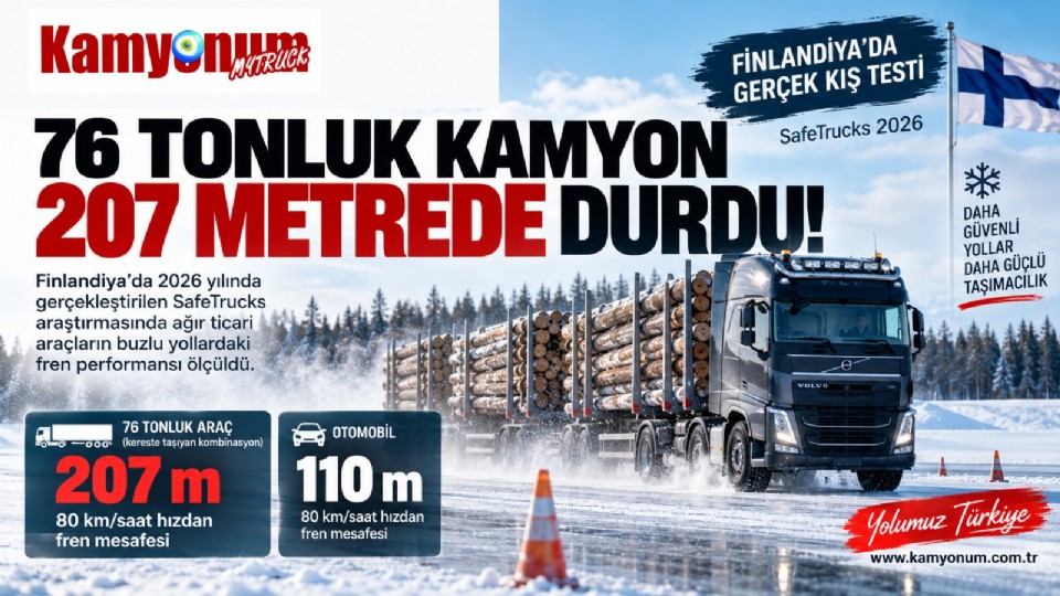 Finlandiya'da 76 Tonluk Kamyonun Kış Fren Testi: 80 Km/Saat Hızdan 207 Metrede Durdu