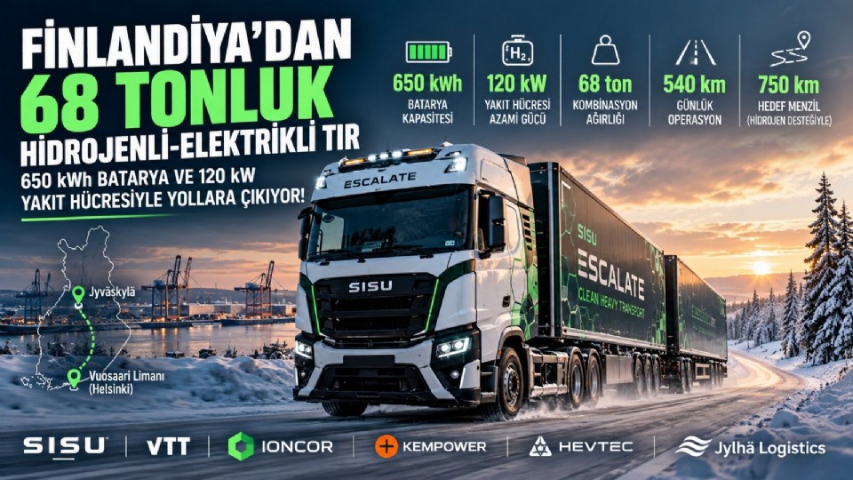 Finlandiya'dan 68 Tonluk Hidrojenli-Elektrikli TIR: 650 kWh Batarya ve 120 kW Yakıt Hücresiyle Yollara Çıkıyor!
